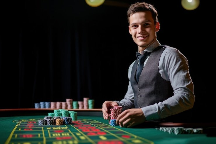 Live dealer table with cards and gaming chips
